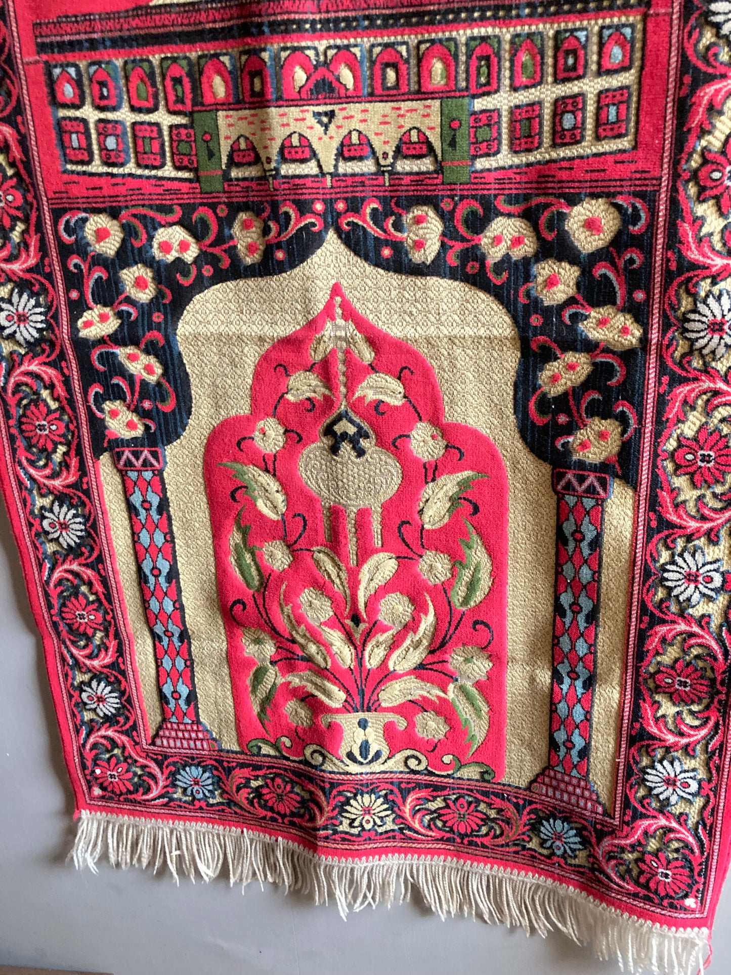 Vintage 1940 Prayer Mat Rug Islam Made In Turkey Red Temple Mat - Bloom & Heirloom Vintage Decor