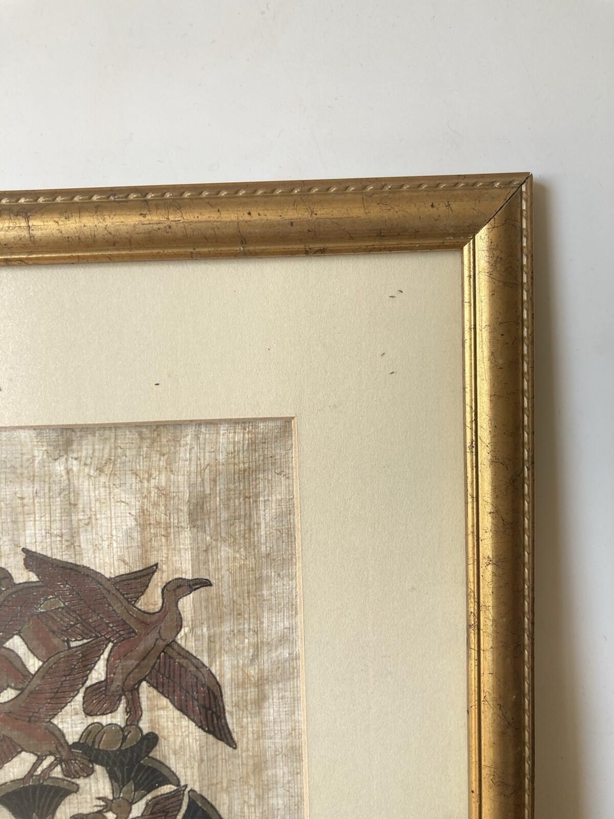 Framed Egyptian Papyrus Artwork Signed Gold Frame Ancient Egypt Wall Art