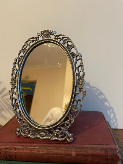 Ornate Oval Mirror Framed Small Pewter Effect Free Standing Prop Gift