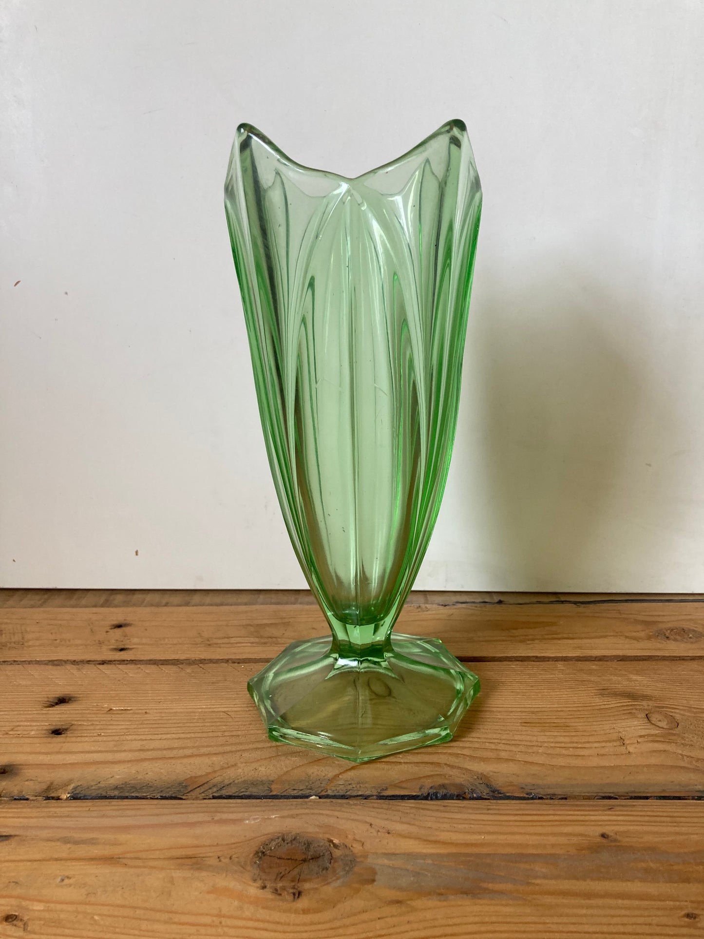 Vintage Art Deco Uranium Glass Tulip Vase | Green Czech Style Pressed Glass c.1930s