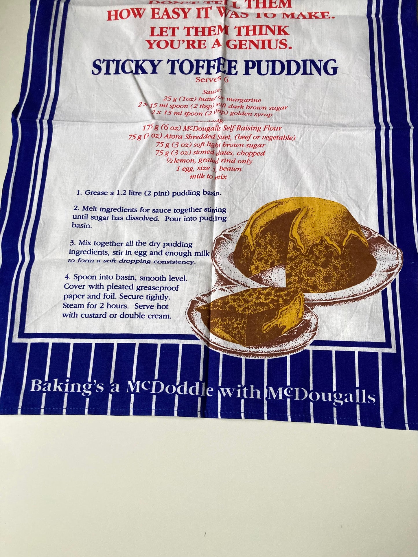 Vintage McDougalls Tea Towel Sticky Toffee Pudding Recipe