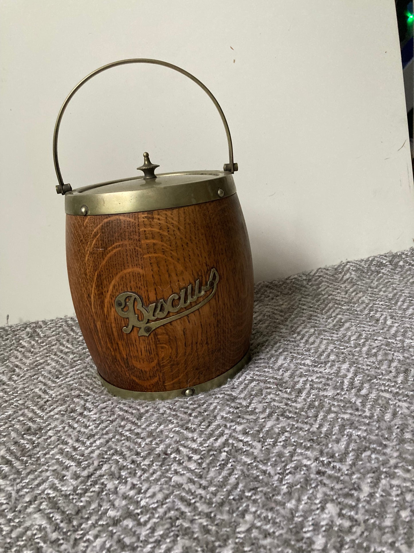 Antique English Oak and Brass Biscuit Box / Barrel