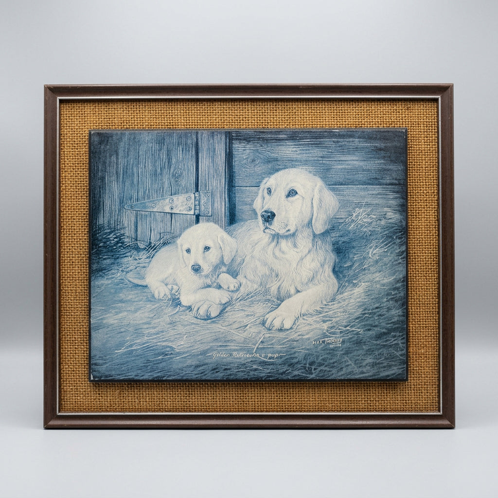 Vintage Dick Twinney Golden Retriever & Puppy Print, Framed on Wood