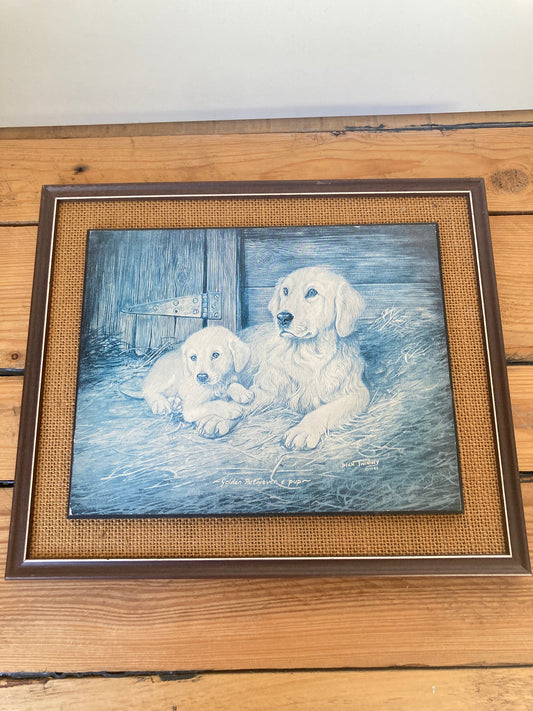 Vintage Dick Twinney Golden Retriever & Puppy Print, Framed on Wood