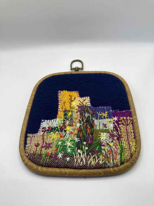 Mixed Media Hand Stitched Floral Medium Square Hoop Wall Art