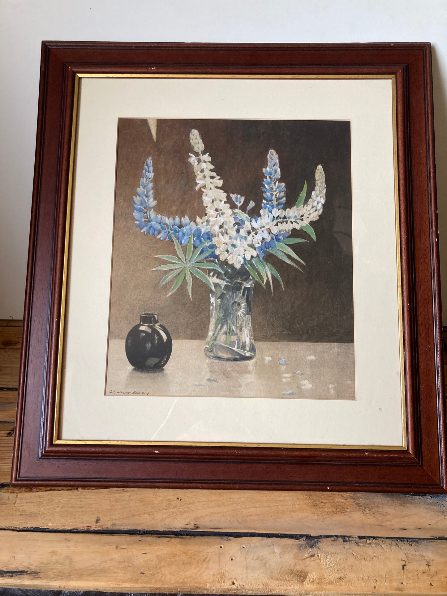 Vintage Floral Still Life Watercolour Painting Framed Blue White Signed Arthur Sherwood Edwards