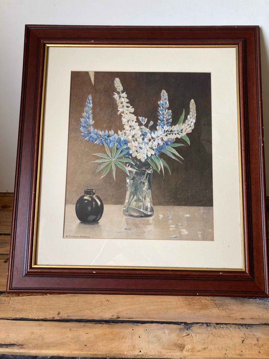 Vintage Floral Still Life Watercolour Painting Framed Blue White Signed Arthur Sherwood Edwards
