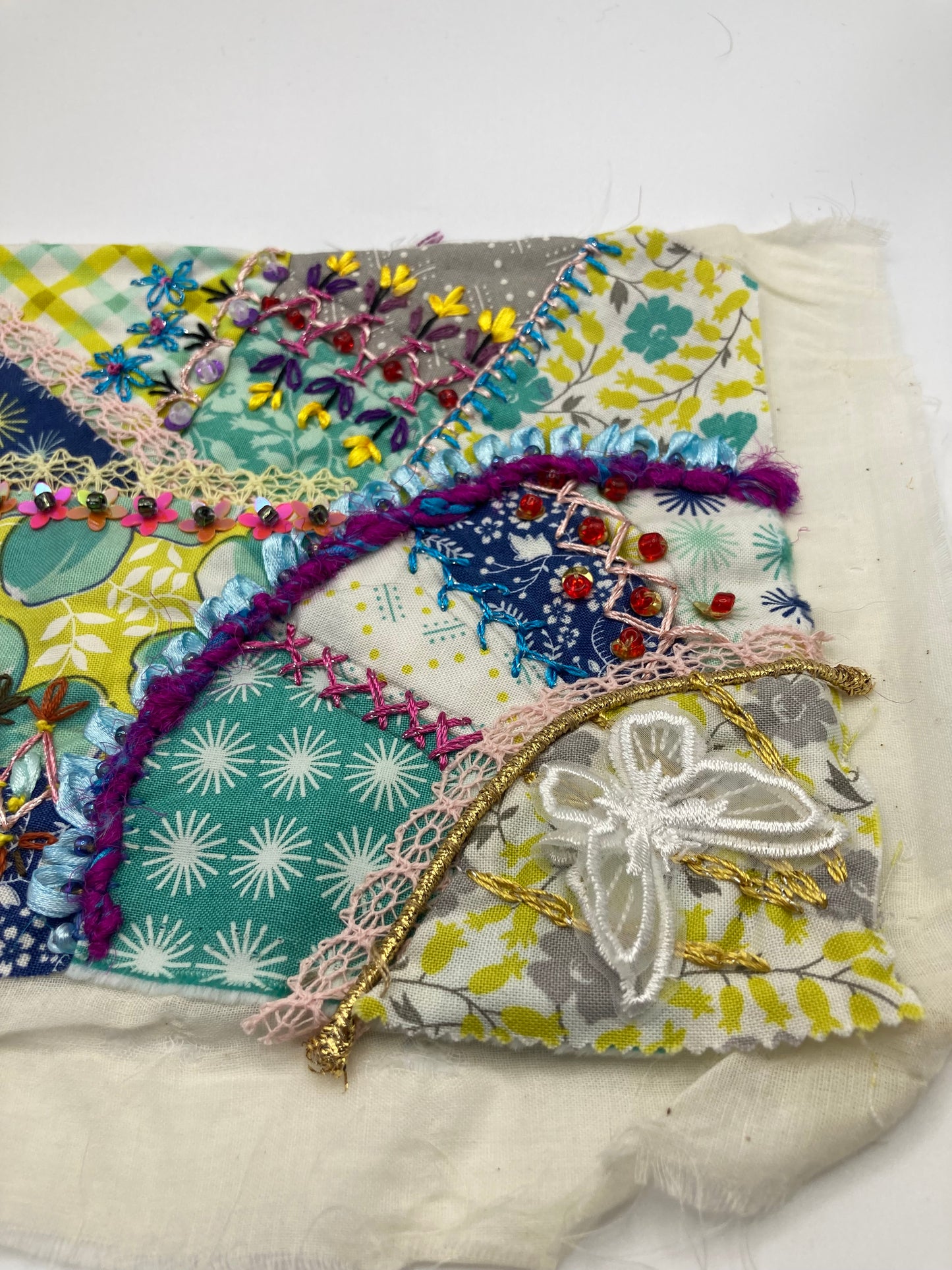 Bright Beaded Mixed Media Piece Embroidered Fibre Art - Bloom & Heirloom Vintage Decor