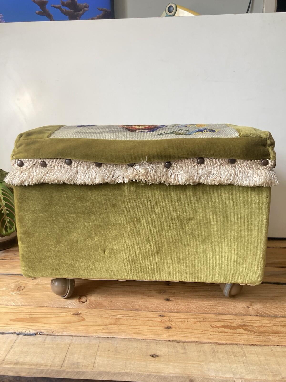 Vintage Embroidered Footstool Sewing Box Floral Design On Wheels