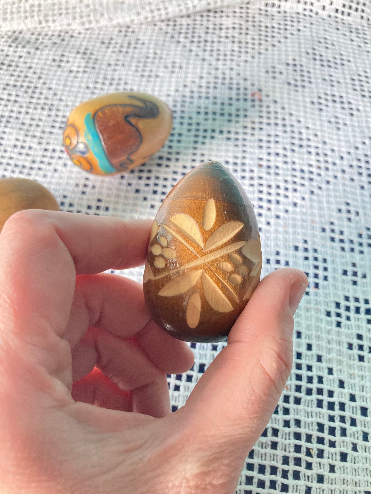 Hand Carved Decorated Wooden Egg Trio