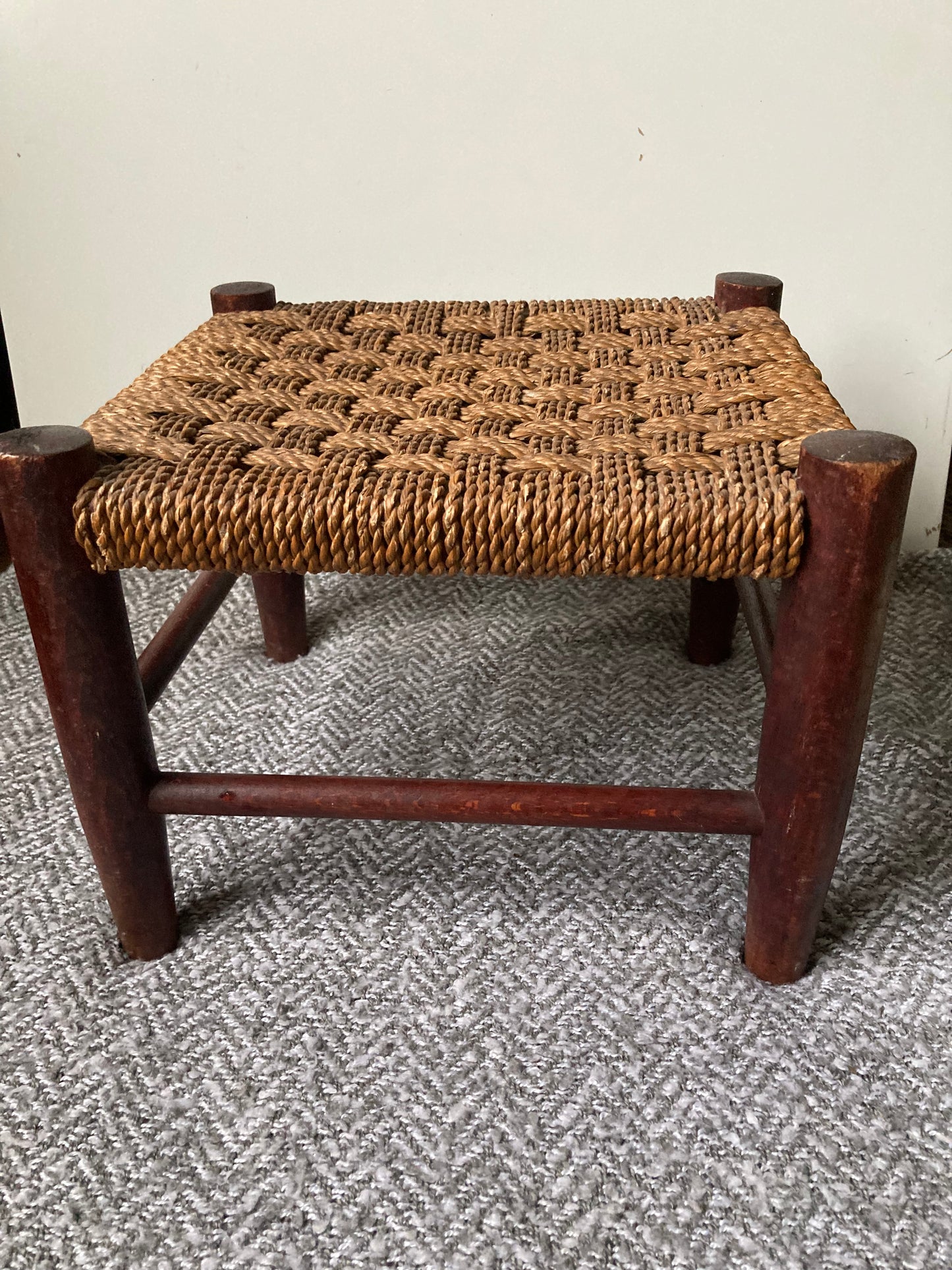 Antique Wooden Foot Stool Woven String Wood Cottage Furniture