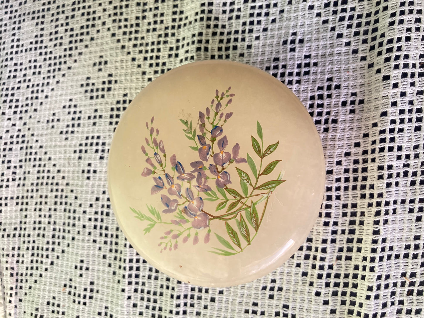 Genuine Alabaster Hand Carved Purple Violet Flowers Hinged Trinket/Jewelry Box