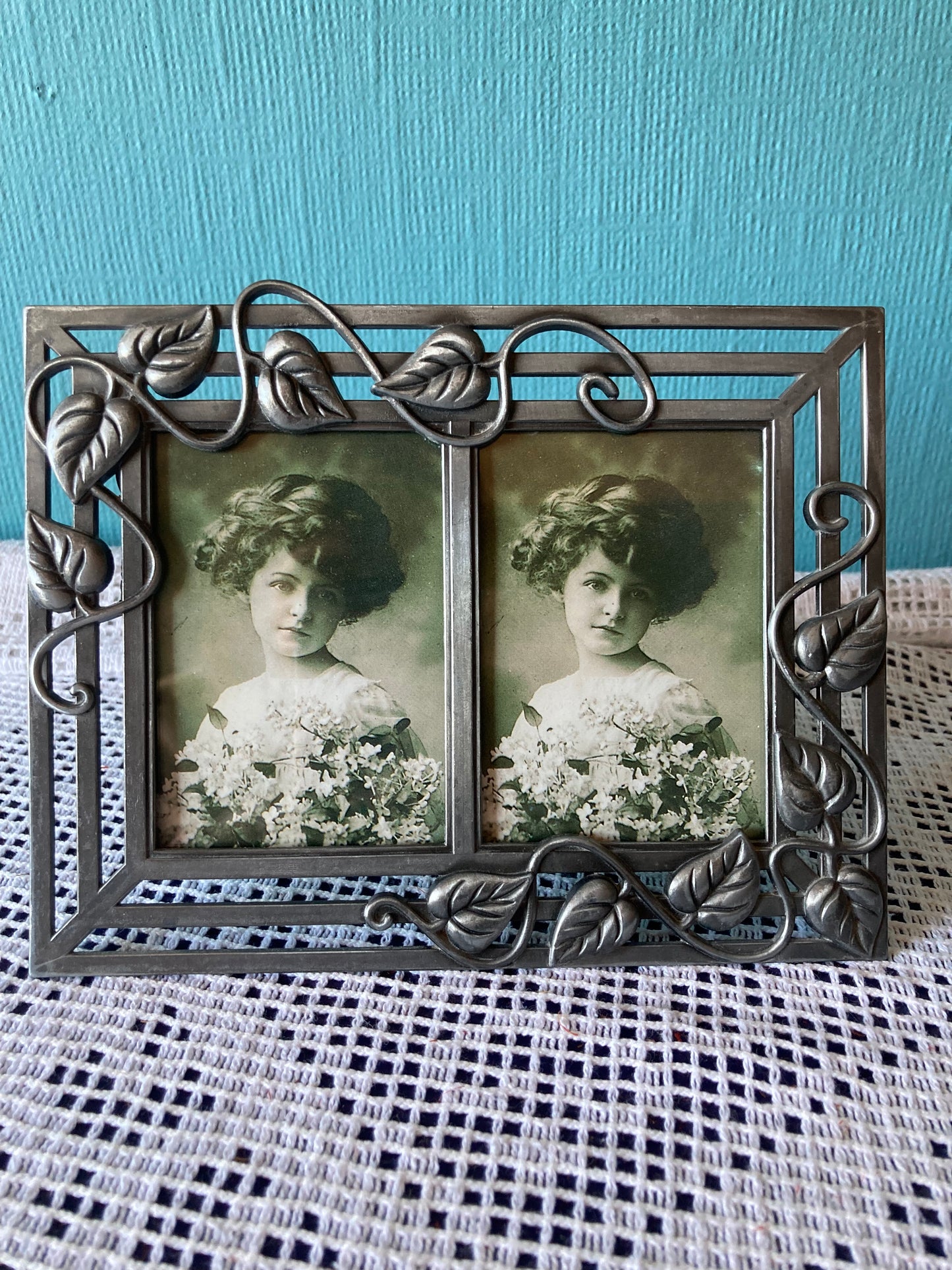 Pewter Metal Double Photo Frame with Leaf Detail