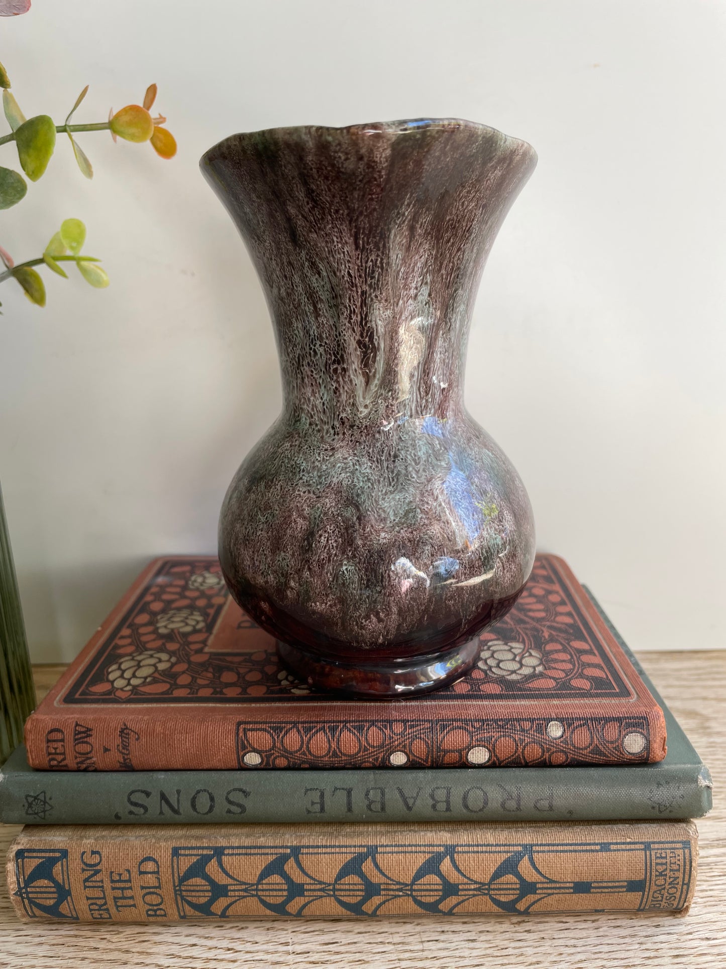 West German Pottery Jug Green Pink White Drizzle Glaze Small Pitcher Vase Decor