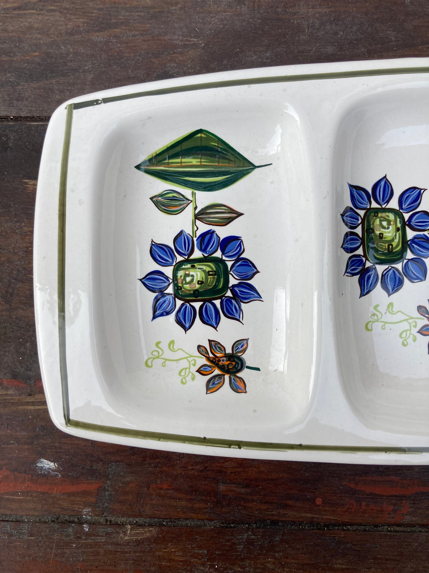 Palissy Royal Worcester Pottery Blue Floral 3 Section Tray