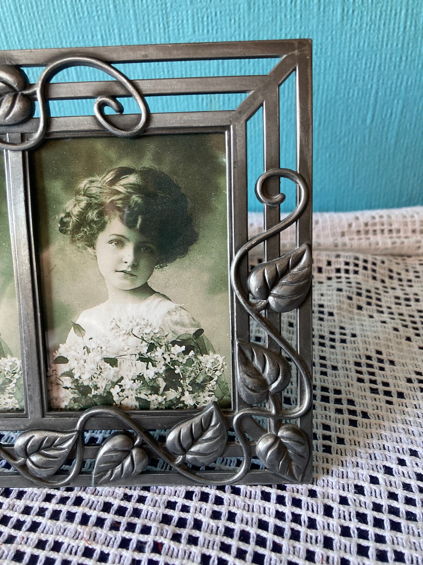 Pewter Metal Double Photo Frame with Leaf Detail