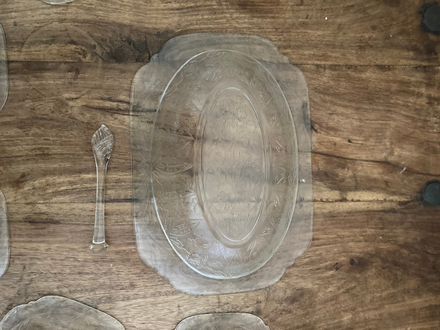 Depression Glass Rectangle Serving Bowl with 6 Square Side Bowls