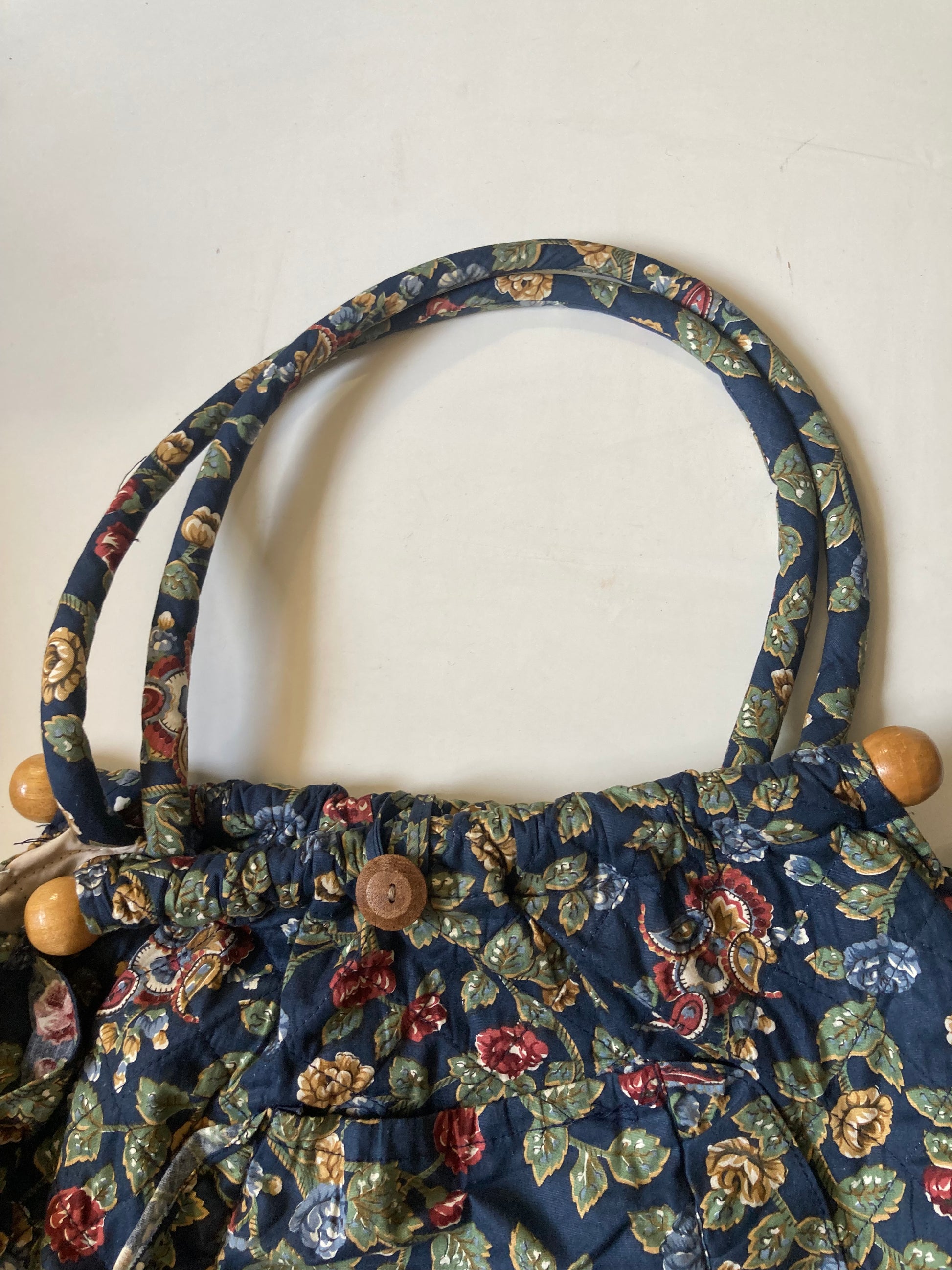 Vintage Fabric Knitting Craft Storage Bag Lined Wooden Handles Floral Pockets - Bloom & Heirloom Vintage Decor