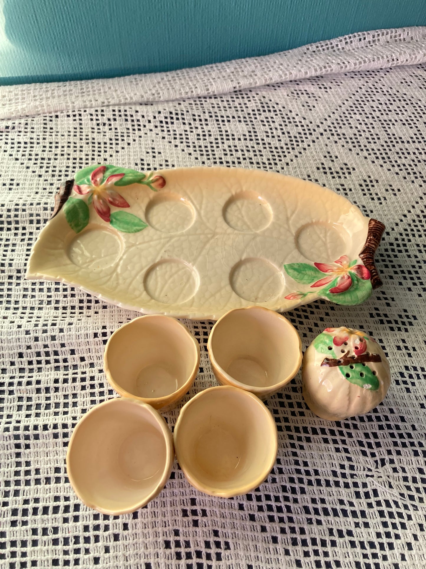 Carlton ware Egg Cup holders, plate, salt shaker floral detail