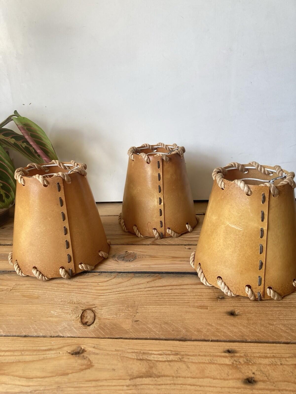 Vintage Trio Of Coated Paper Table Lamp Shades Rope Trim Hunting/Street Scene