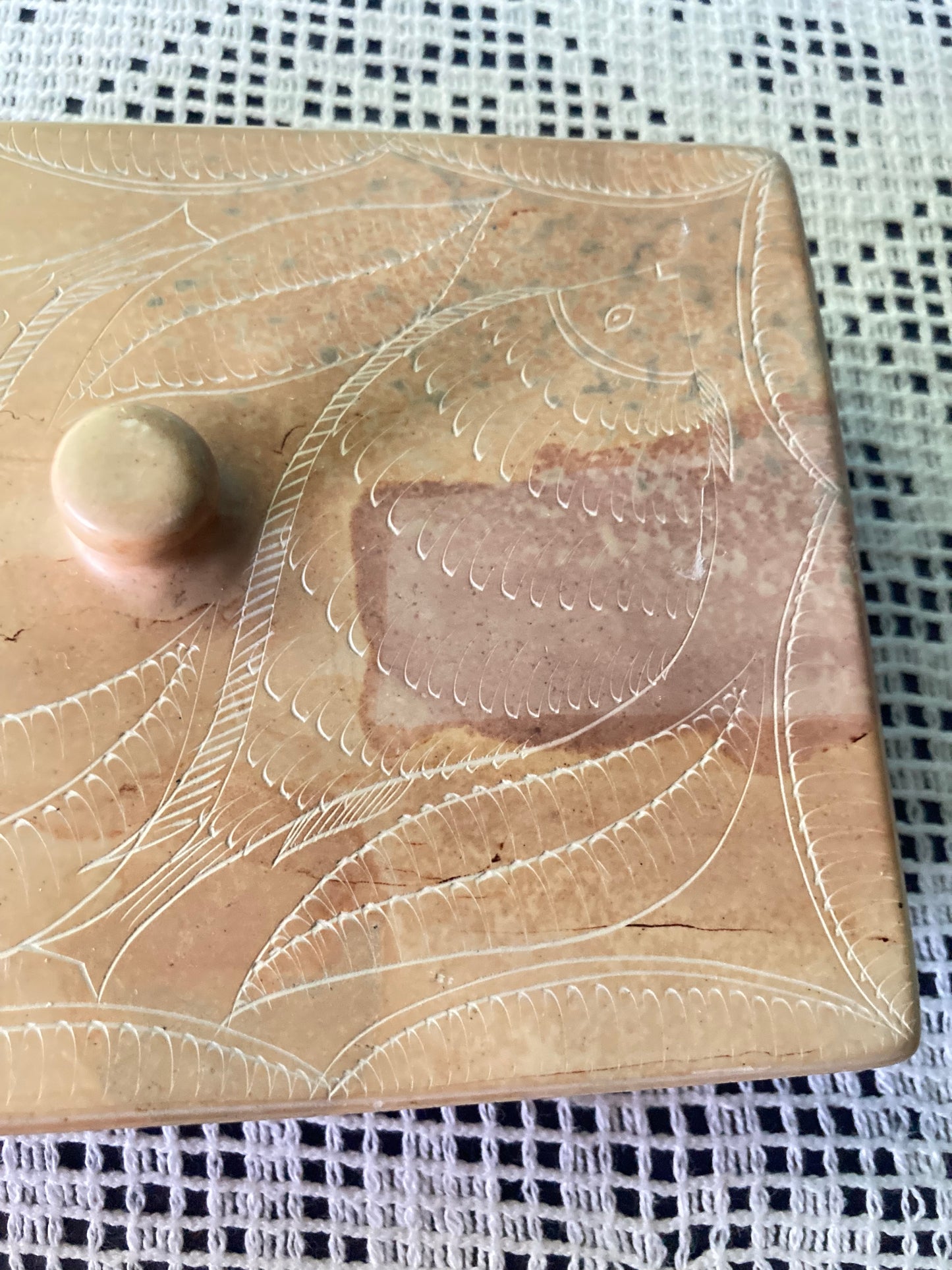 Soapstone Trinket Box Fish Decorated Made in Kenya