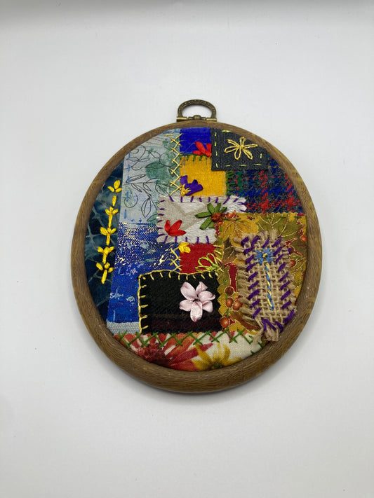 Floral Mixed Media Hand Stitched Medium Oval Hoop Wall Art