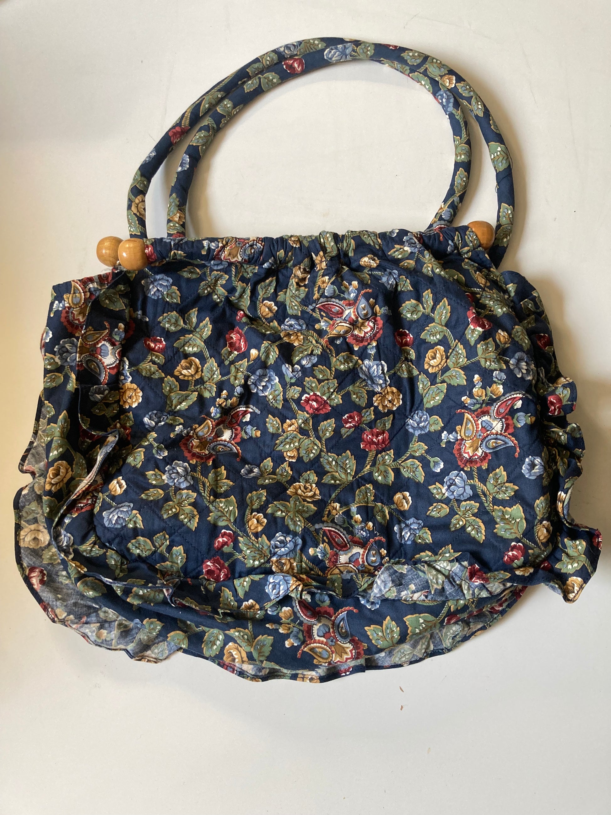 Vintage Fabric Knitting Craft Storage Bag Lined Wooden Handles Floral Pockets - Bloom & Heirloom Vintage Decor
