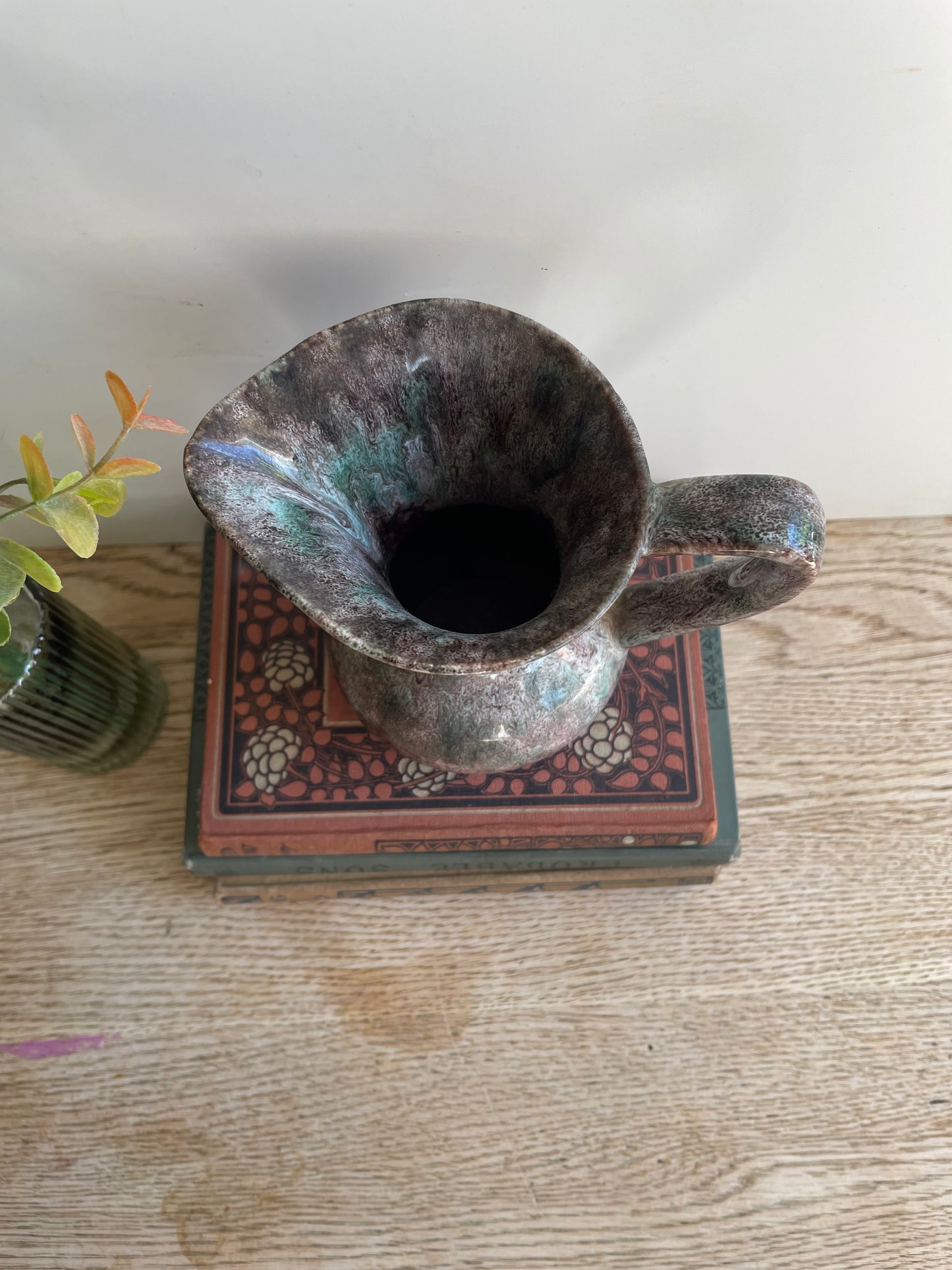 West German Pottery Jug Green Pink White Drizzle Glaze Small Pitcher Vase Decor