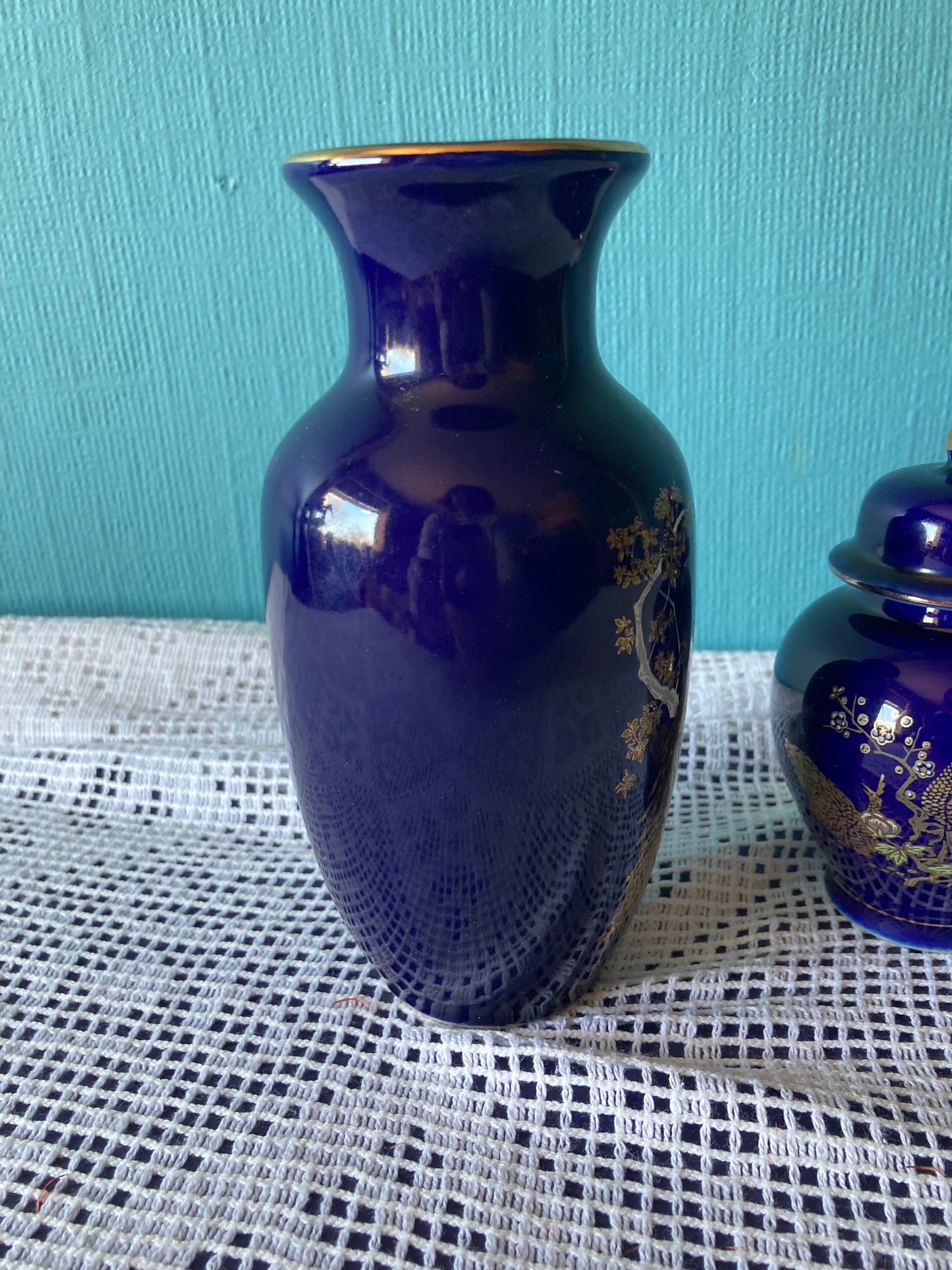 Kutani Ginger Jar and Vase Set Japanese Peacock Ceramics