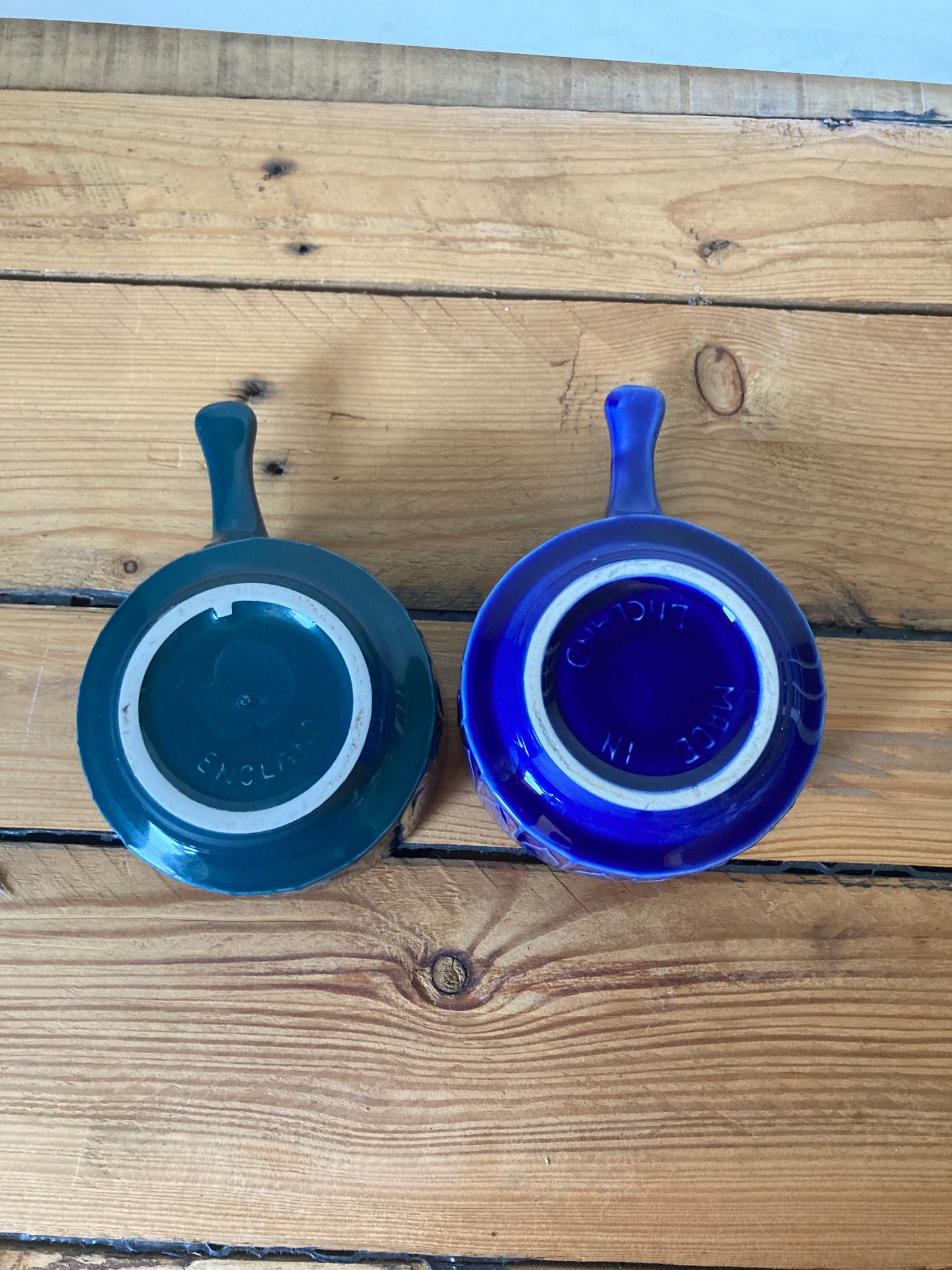 Vintage Tams Pottery Handled Soup Bowls | Set of 2 Blue & Green Stoneware Bowls | Made in England