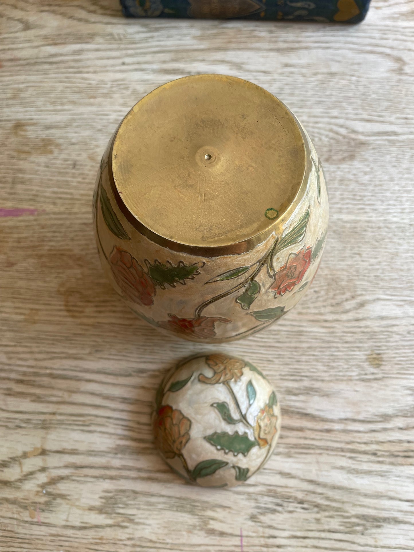 Cloisonne Decorated Brass Urn Vase Vintage Rose Pattern