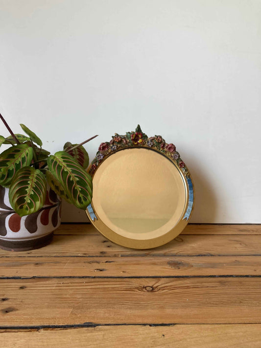 Vintage Barbola Floral Mirror Round Gilt Vanity Dressing Table Mirror