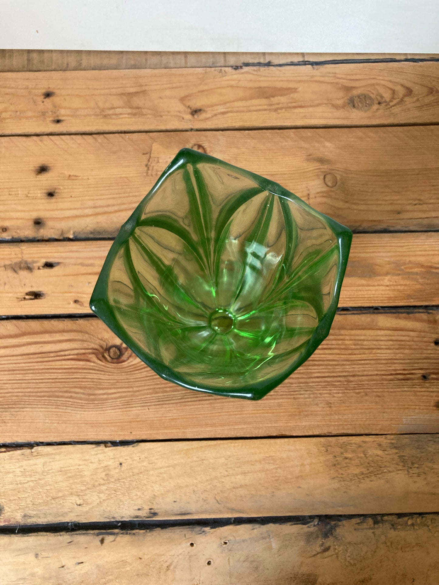 Vintage Art Deco Uranium Glass Tulip Vase | Green Czech Style Pressed Glass c.1930s