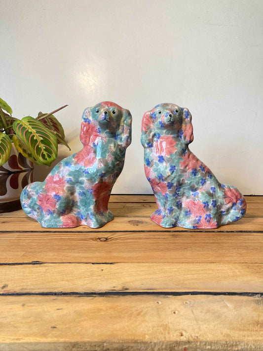 Ceramic Dog Figurines Pair – Vintage Floral Spaniel Statues, Hand Painted Decor