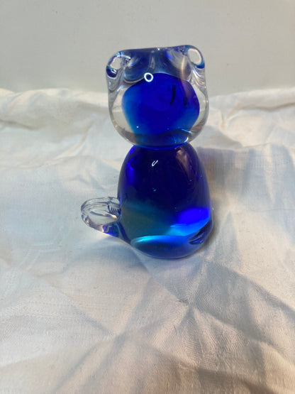 Vintage Blue Art Glass Cat Figurine With Curled Tail 3” Cat Lover Gift