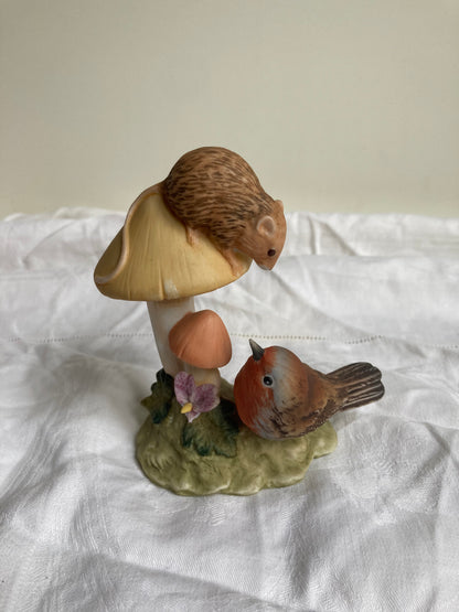 Royal Osborne Porcelain Robin And Mouse On Toadstool Flower Ornament