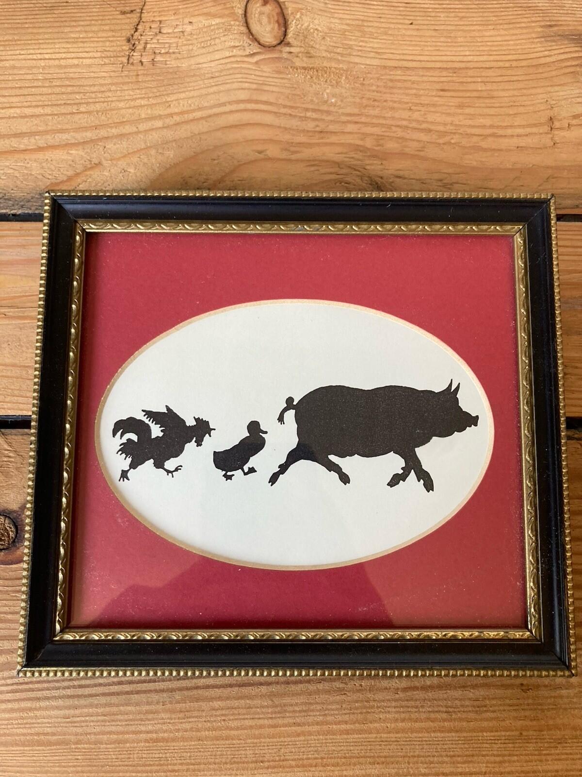 Framed Silhouette Picture Farm Animals Pig Duck Rooster Oval Wall Art
