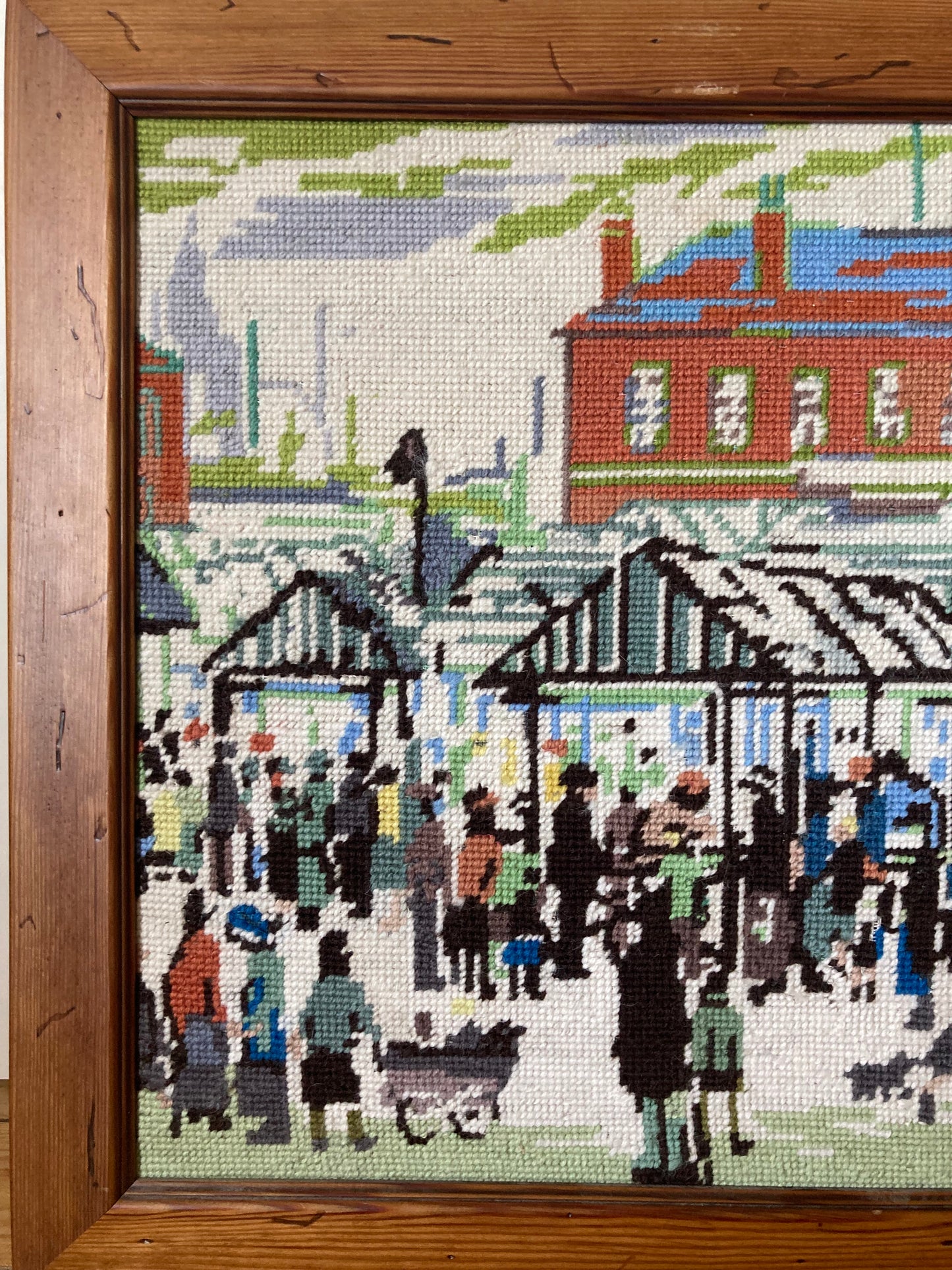 Lowry Style Market Scene Framed Tapestry Vintage Textile Wall Art