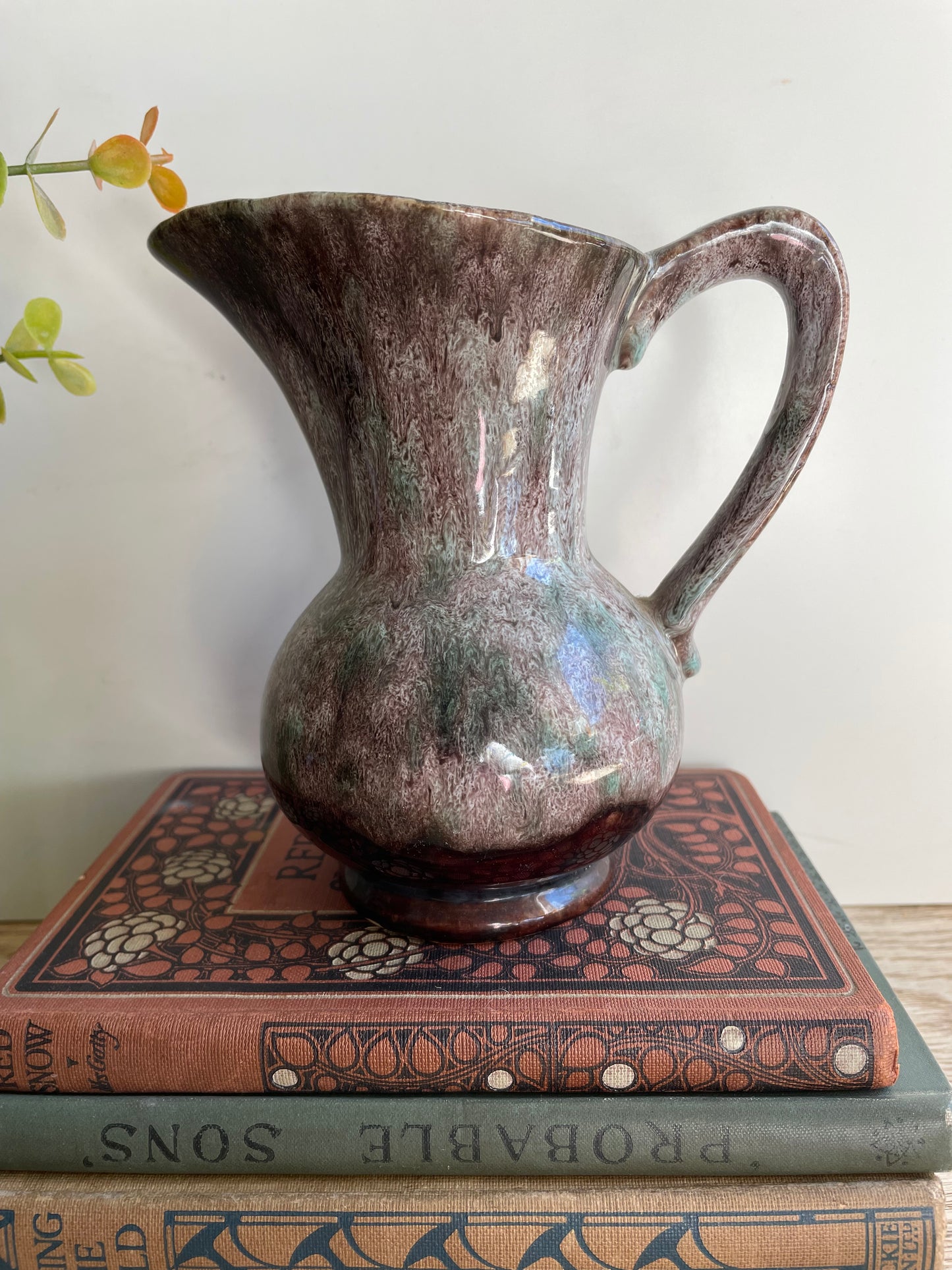 West German Pottery Jug Green Pink White Drizzle Glaze Small Pitcher Vase Decor