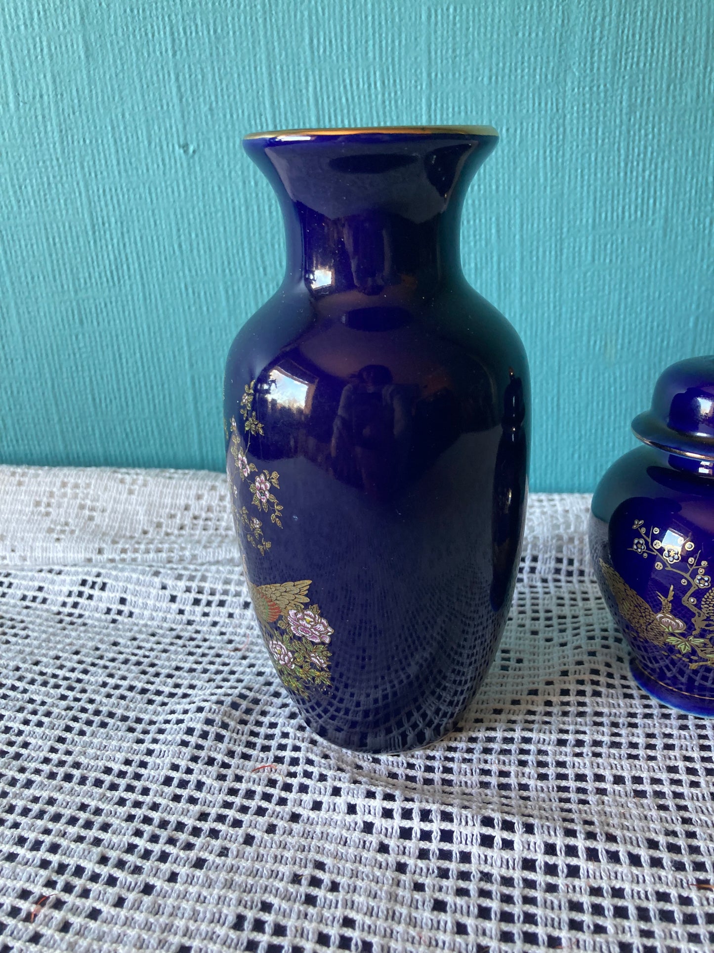 Kutani Ginger Jar and Vase Set Japanese Peacock Ceramics