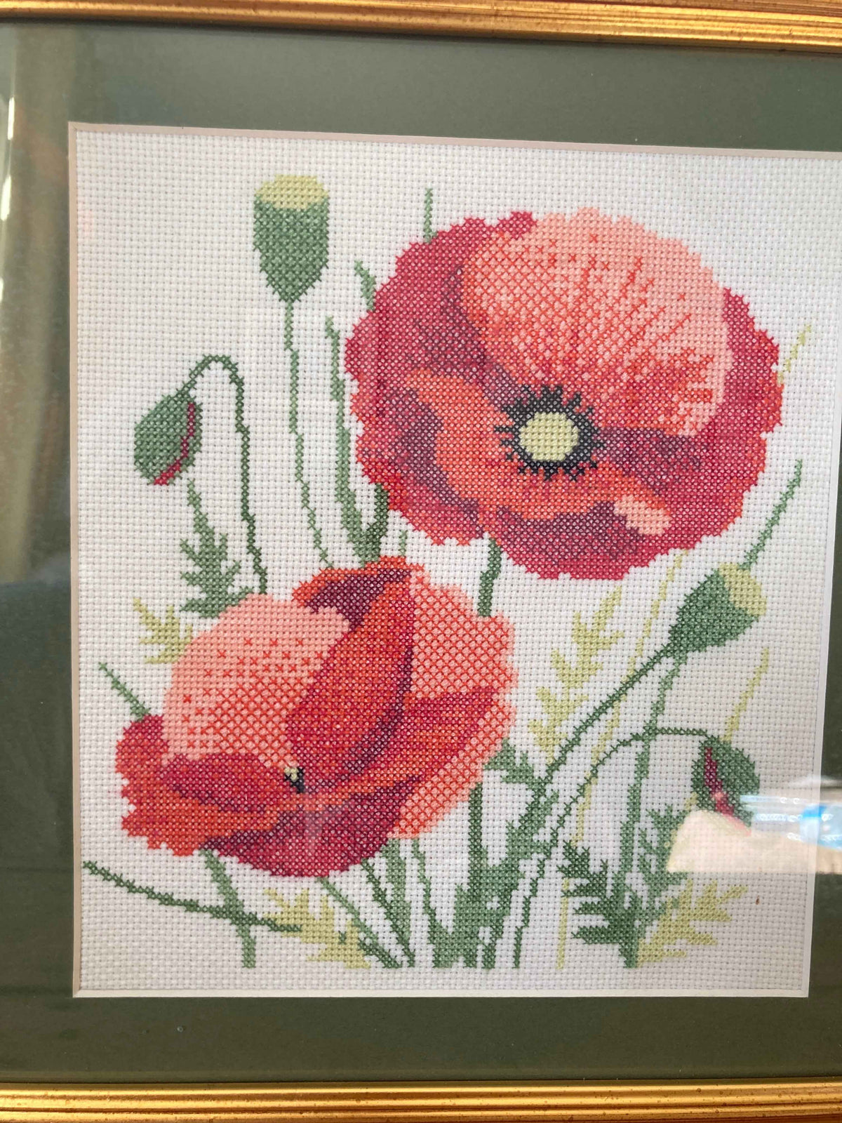 Vintage Framed Poppy Needlepoint in Ornate Gold Frame