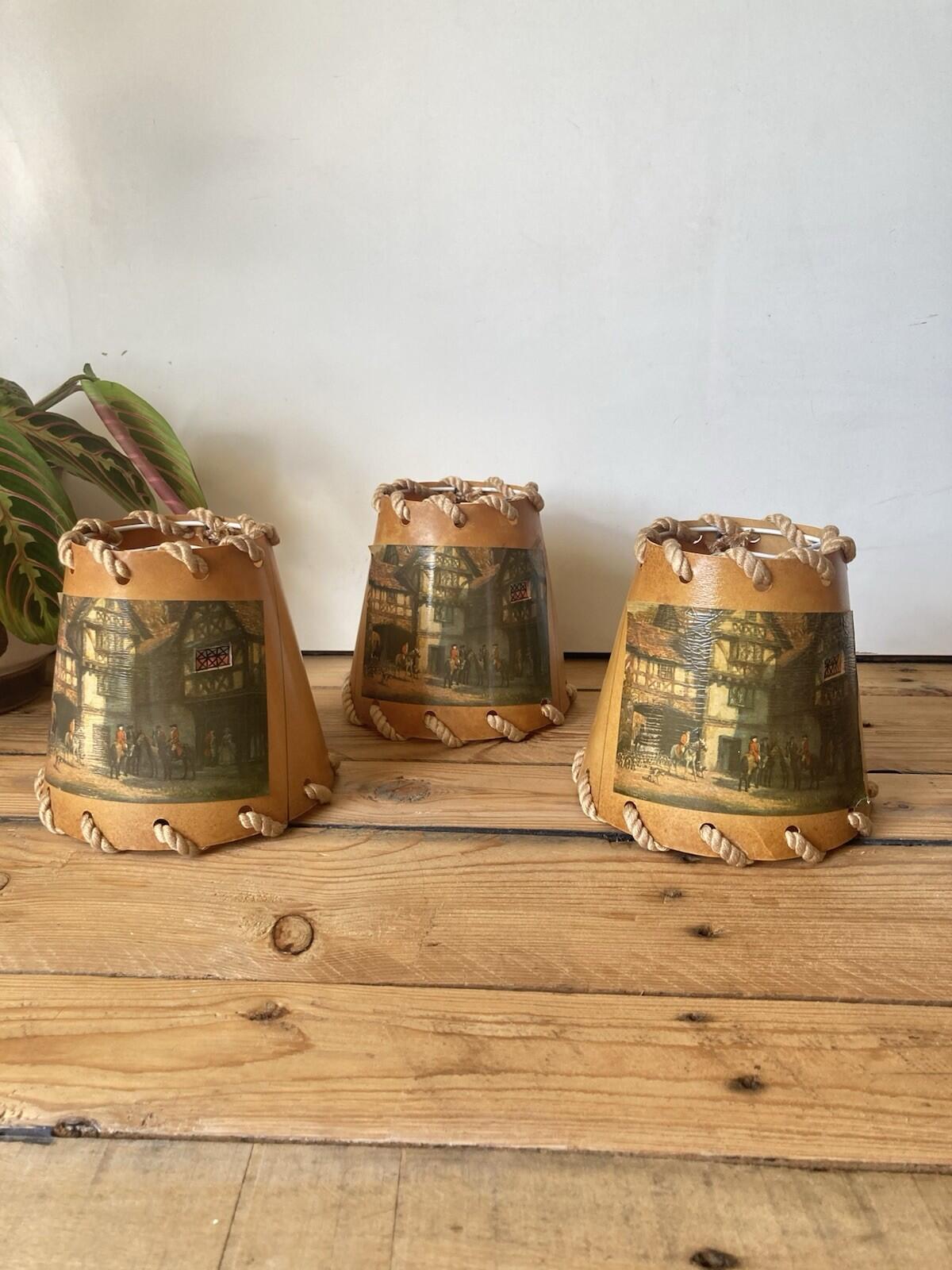 Vintage Trio Of Coated Paper Table Lamp Shades Rope Trim Hunting/Street Scene