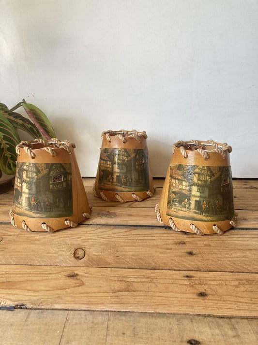 Vintage Trio Of Coated Paper Table Lamp Shades Rope Trim Hunting/Street Scene