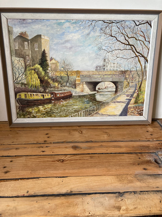 Original Oil Painting On Board Canal Bridge Landscape Framed