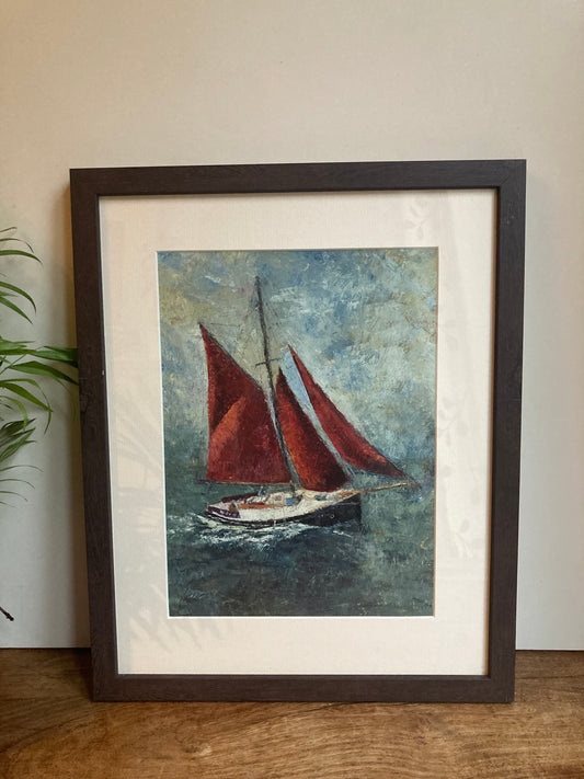 Signed Framed Print  'red sails'  from an oil by Jeremy Mayes  14 x 11 in