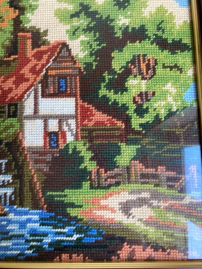 Watermill Cottage Completed Needlepoint Framed Landscape Countryside Fibre Art