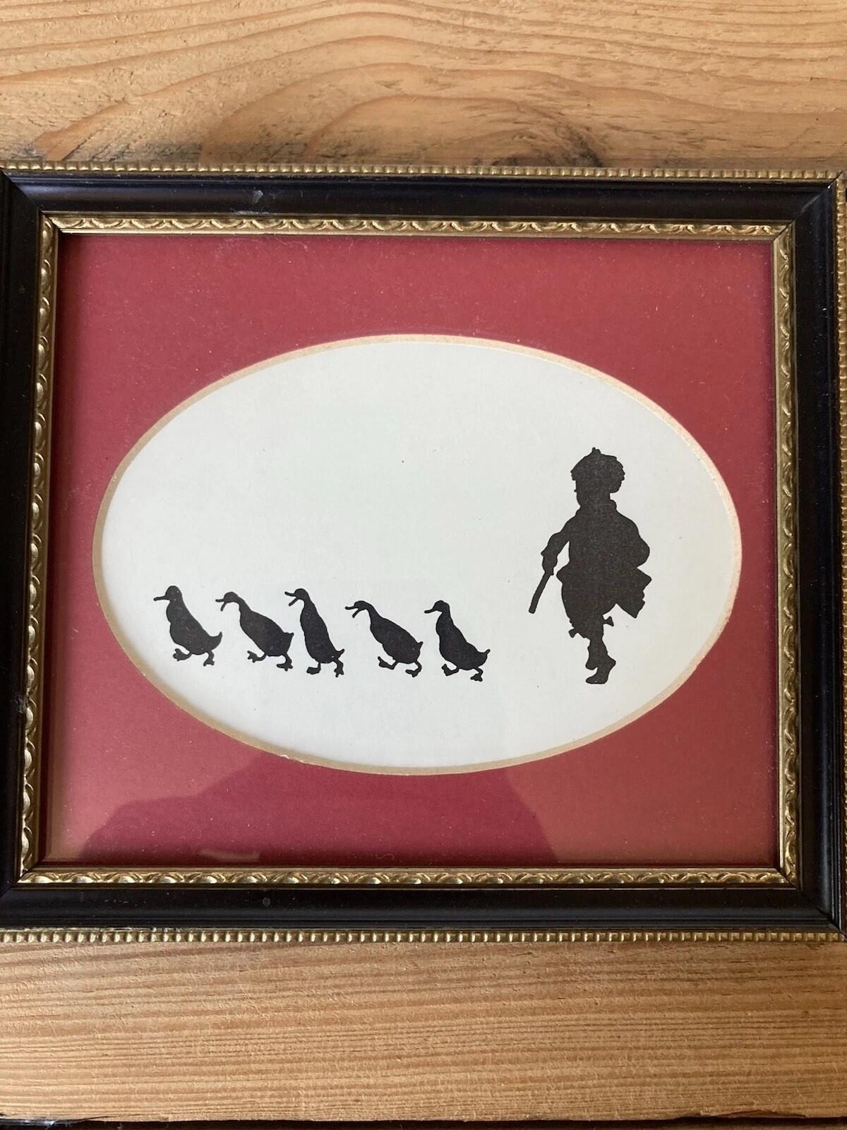 Framed Silhouette Picture Children With Ducks Oval Vintage Style Wall Art
