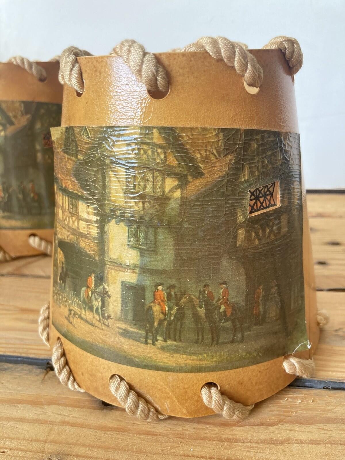 Vintage Trio Of Coated Paper Table Lamp Shades Rope Trim Hunting/Street Scene