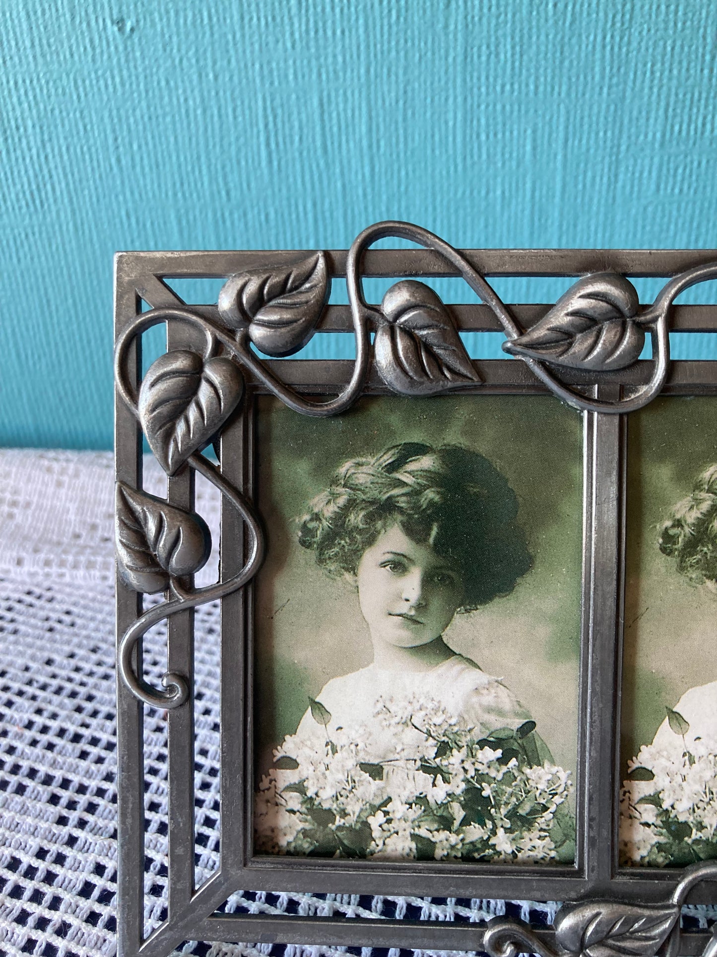 Pewter Metal Double Photo Frame with Leaf Detail