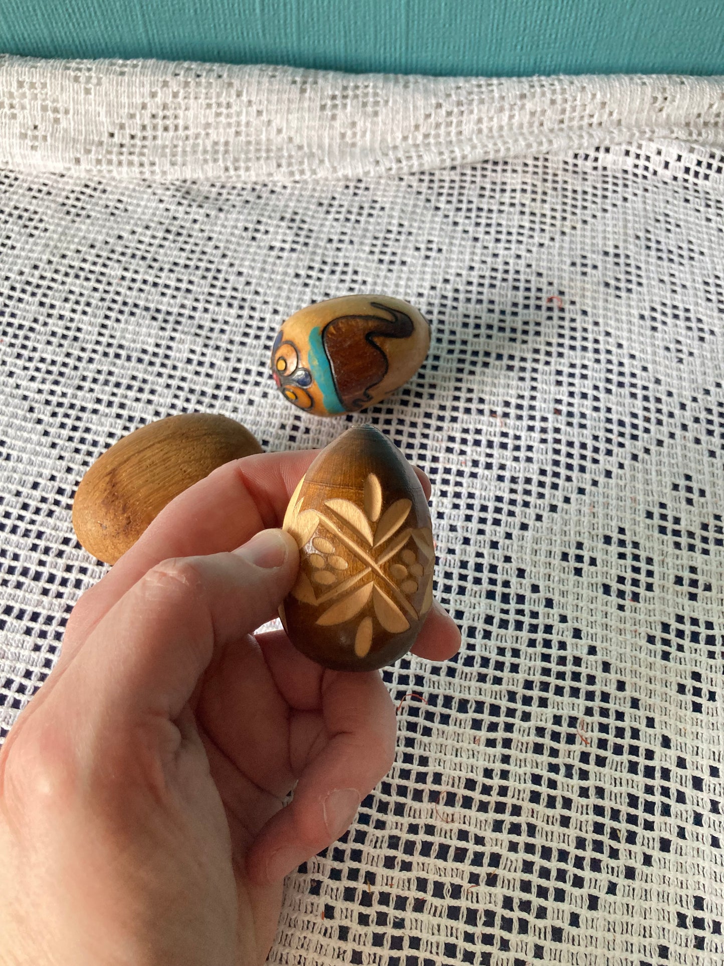 Hand Carved Decorated Wooden Egg Trio